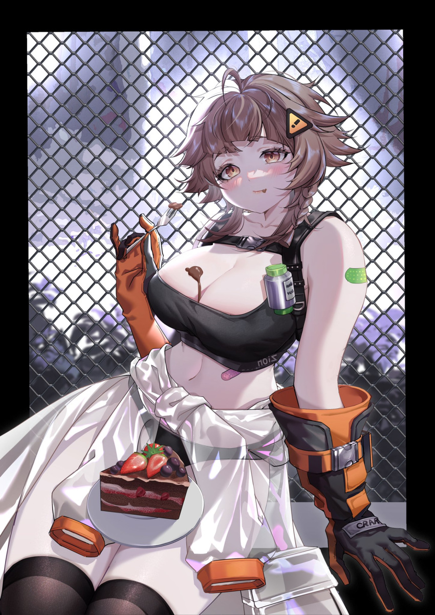 ! 1girl ahoge arm_support bandaid bandaid_on_arm bandaid_on_stomach bare_shoulders basu19203696 black_panties blush breasts brown_hair cake cake_slice chain-link_fence chocolate chocolate_on_breasts chocolate_on_face cleavage clothes_around_waist commentary_request fence food food_on_breasts food_on_face fork fruit girls'_frontline girls'_frontline_neural_cloud gloves hair_ornament highres holding holding_fork jacket jacket_around_waist large_breasts medium_hair midriff navel orange_gloves panties plate see-through see-through_jacket sitting solo strawberry thighhighs underwear yellow_eyes zion_(girls'_frontline_nc)