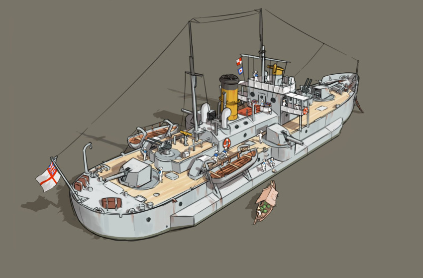 battleship boat cannon commentary_request flag fleet floor grey_background lifebuoy mikoyan military military_vehicle no_humans original ship simple_background warship watercraft wooden_floor