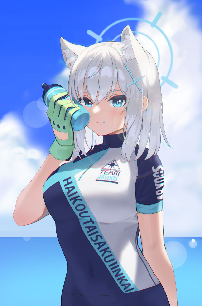 1girl absurdres animal_ear_fluff animal_ears bangs bike_jersey blue_archive blue_eyes blue_sky bottle breasts closed_mouth cloud cloudy_sky commentary_request covered_navel day eyebrows_visible_through_hair grey_hair hair_between_eyes hair_ornament halo hand_up highres holding holding_bottle horizon light_smile looking_at_viewer medium_breasts ocean outdoors shiroko_(blue_archive) short_sleeves sky solo tomid water water_bottle