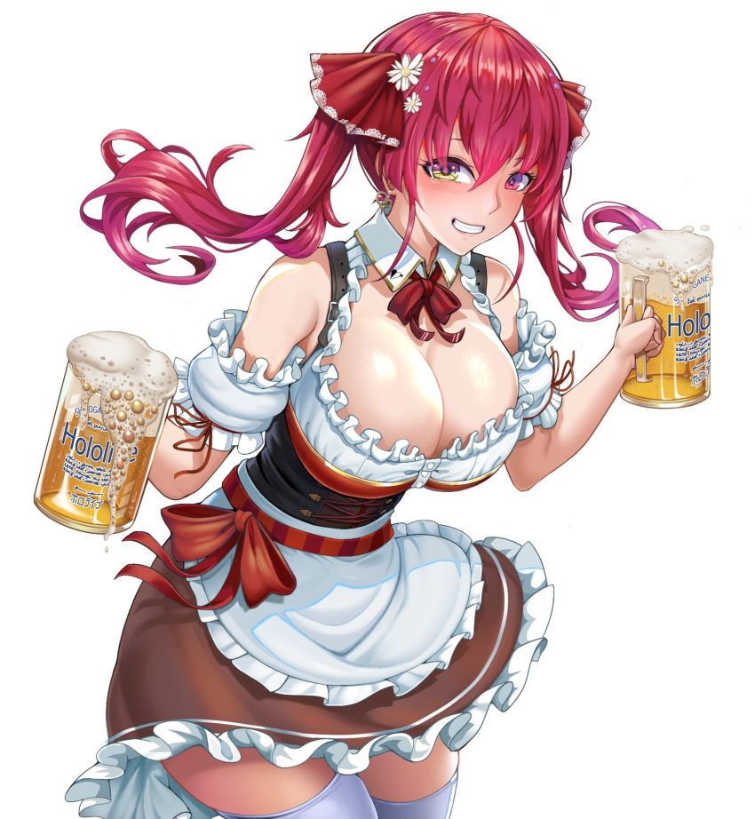 1girl alcohol apron bare_shoulders barmaid beer beer_mug blouse blush bodice breasts cleavage cowboy_shot cup detached_collar dirndl dress earrings flower from_side german_clothes grin hair_flower hair_ornament hasaya heterochromia highres hololive houshou_marine jewelry large_breasts leaning_forward long_hair looking_at_viewer low_neckline mug neck_ribbon pinafore_dress red_eyes red_hair ribbon sideways_glance simple_background smile thighhighs twintails underbust virtual_youtuber waist_apron white_background white_legwear yellow_eyes zettai_ryouiki