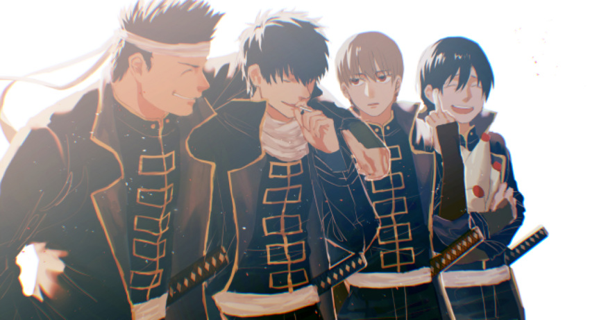 4boys arm_over_shoulder black_hair closed_eyes coat gintama grin hijikata_toushirou kataruruni kondou_isao light_brown_hair male_focus mayonnaise military military_uniform multiple_boys okita_sougo police sheath sheathed shinsengumi_(gintama) short_hair smile smoking sword uniform weapon yamazaki_sagaru