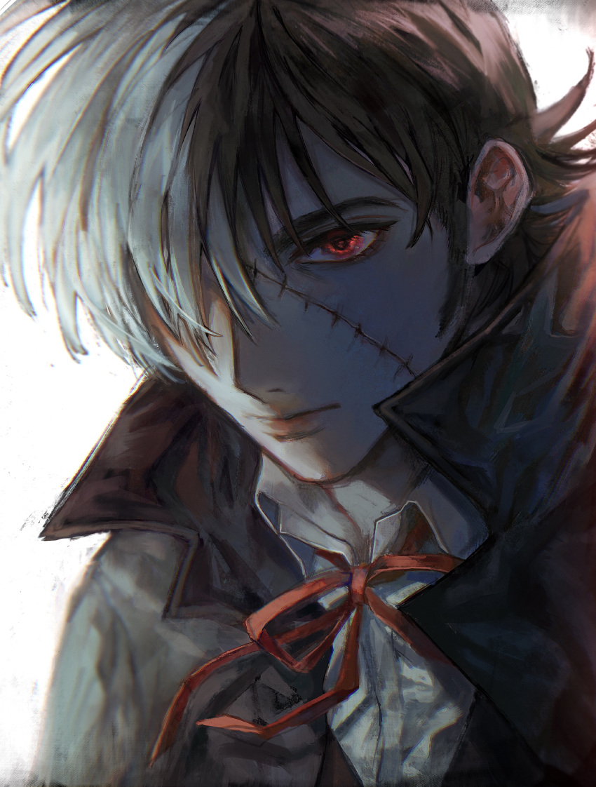 1boy absurdres bangs black_coat black_hair black_jack_(character) black_jack_(series) closed_mouth coat collared_shirt commentary expressionless grey_hair hair_over_one_eye highres male_focus multicolored_hair neck_ribbon one_eye_covered orokudesu popped_collar red_eyes red_ribbon ribbon scar scar_on_face shirt short_hair solo split-color_hair two-tone_hair upper_body white_background