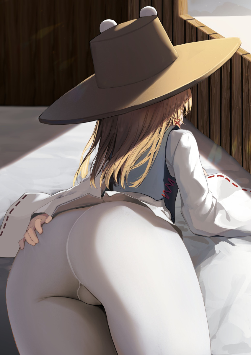 1girl absurdres ass ass_focus bad_anatomy blonde_hair blue_vest cameltoe commentary_request error gusset hair_ribbon hand_on_ass hat highres long_sleeves mamemochi medium_hair moriya_suwako no_pants pantyhose red_ribbon ribbon shirt sleeves_past_wrists solo touhou turtleneck vest white_legwear white_shirt wide_sleeves wrong_hand