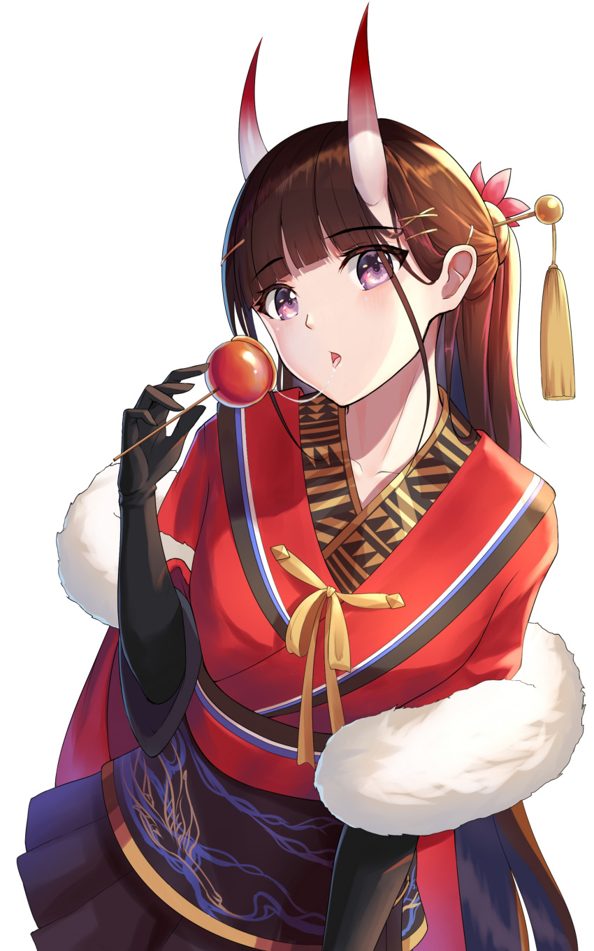 1girl absurdres azur_lane bangs black_gloves black_skirt blunt_bangs blush breasts brown_hair candy_apple chinese_commentary cowboy_shot english_commentary eyebrows_visible_through_hair flower food fur_scarf gloves hair_flower hair_ornament hair_stick hairclip highres holding holding_food horns japanese_clothes kimono kojo_(0124) long_hair looking_at_viewer medium_breasts miniskirt mixed-language_commentary noshiro_(azur_lane) noshiro_(uncharted_festival_grounds?)_(azur_lane) official_alternate_costume oni_horns open_mouth pleated_skirt purple_eyes red_kimono saliva saliva_trail simple_background skirt solo tassel tied_hair tongue tongue_out white_background