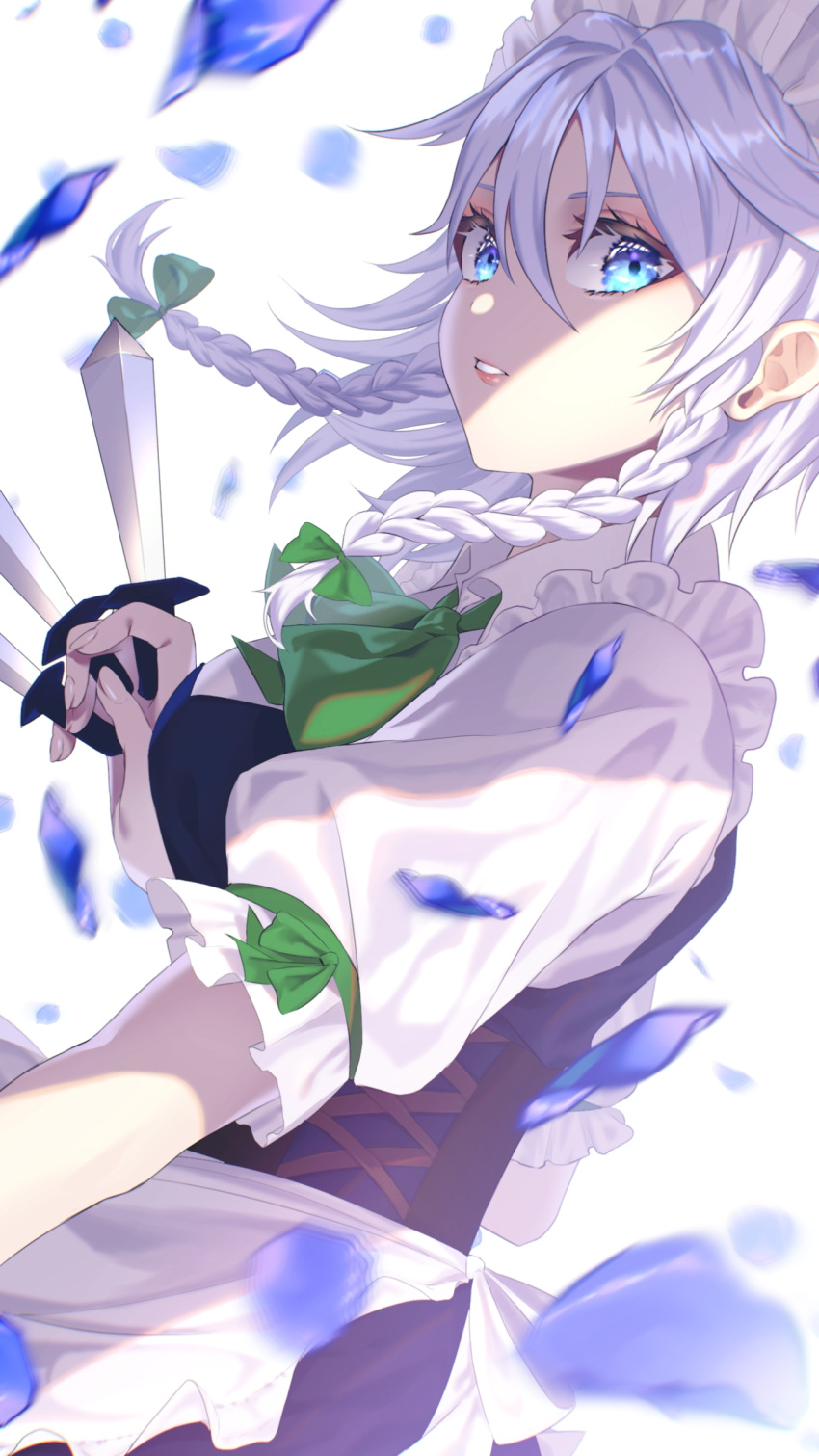 1girl absurdres ascot bangs between_fingers blue_dress blue_eyes bow braid breasts commentary corset dress dutch_angle eyebrows_behind_hair floating_hair from_side green_ascot green_bow hair_between_eyes hair_bow hair_ribbon hand_up highres holding holding_knife izayoi_sakuya knife looking_at_viewer maid_headdress medium_breasts medium_hair motion_blur parted_lips petals puffy_short_sleeves puffy_sleeves ribbon sakura_raku short_sleeves silver_hair simple_background solo throwing_knife touhou tress_ribbon twin_braids upper_body weapon white_background wing_collar