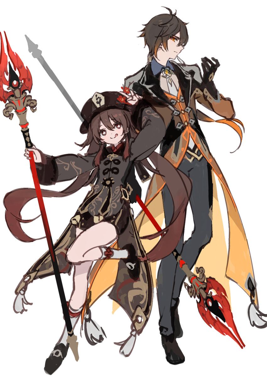 1boy 1girl :q bangs black_gloves black_hair black_headwear brown_hair closed_mouth dsmile earrings flower flower-shaped_pupils genshin_impact gloves gradient_hair hair_between_eyes hat hat_flower highres holding holding_weapon hu_tao_(genshin_impact) jacket jewelry kneehighs leg_up long_hair long_sleeves low_twintails multicolored_hair orange_eyes orange_hair pants plum_blossoms polearm red_eyes red_flower red_hair shorts simple_background single_earring staff_of_homa_(genshin_impact) symbol-shaped_pupils tassel tassel_earrings tongue tongue_out twintails v weapon white_background white_legwear zhongli_(genshin_impact)