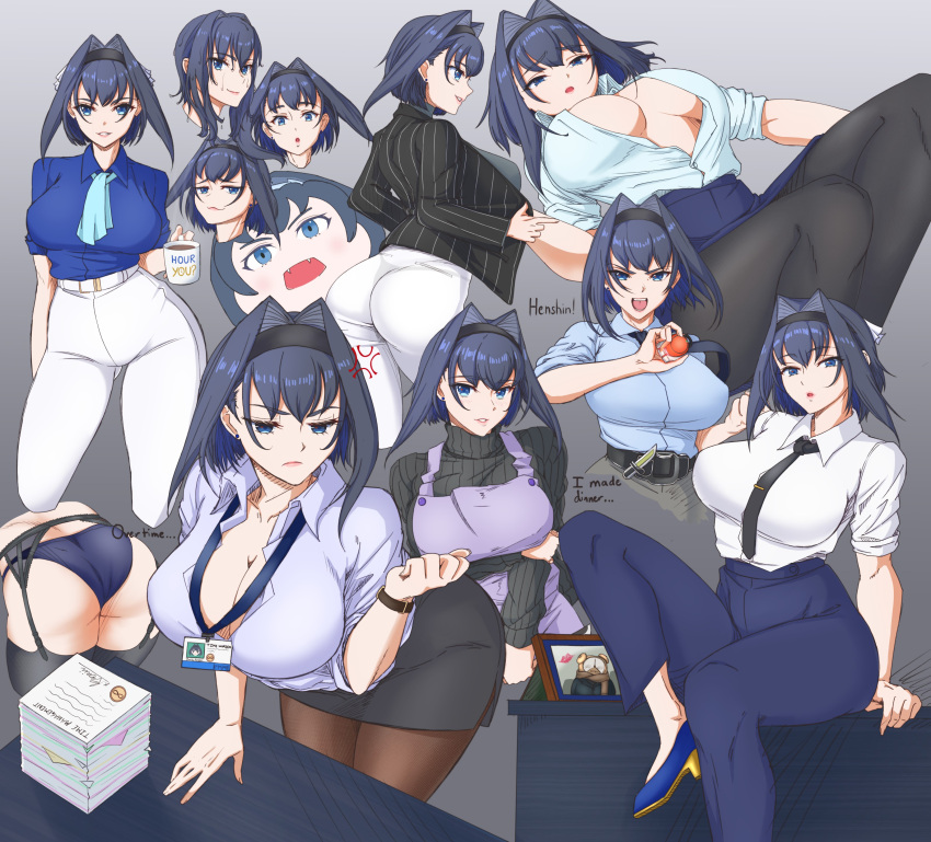 1girl absurdres arm_support arm_under_breasts ass belt black_legwear black_necktie black_skirt black_sweater blue_eyes blue_footwear blue_hair blue_neckwear blue_panties blue_pants blue_shirt breasts closed_mouth collared_shirt fangs garter_straps gradient gradient_background hairband high_heels highres hololive hololive_english id_card lanyard large_breasts leaning_forward medium_hair miniskirt necktie office_lady open_mouth ouro_kronii panties pants pantyhose paper_stack partially_unbuttoned picture_(object) pinstripe_pattern purple_apron shirt sitting skirt sleeves_rolled_up striped sweater table tadpolejackson thighhighs turtleneck turtleneck_sweater underwear virtual_youtuber white_pants