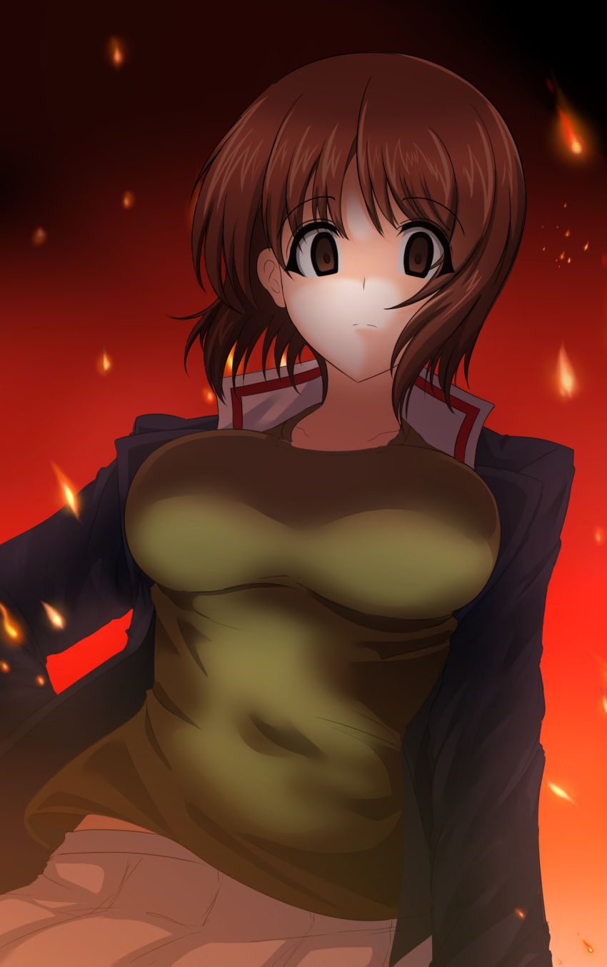 1girl absurdres aikir_(jml5160) bangs blue_jacket breasts brown_eyes brown_hair closed_mouth commentary cowboy_shot empty_eyes eyebrows_visible_through_hair fire flame frown girls_und_panzer green_shirt hand_on_hip highres jacket large_breasts long_sleeves looking_at_viewer military military_uniform nishizumi_miho ooarai_military_uniform pleated_skirt shirt short_hair skirt solo standing uniform white_skirt