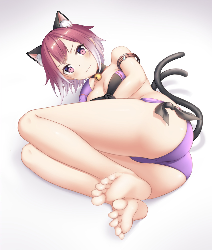 1girl :3 animal_ears ass bangs bell blush breasts brown_hair cat_ears cat_tail cementite closed_mouth feet full_body gradient highres jingle_bell looking_at_viewer lying medium_breasts multiple_tails neck_bell nekomata on_side panties princess_connect! purple_panties short_hair soles solo tail tamaki_(princess_connect!) toes underwear white_background white_hair