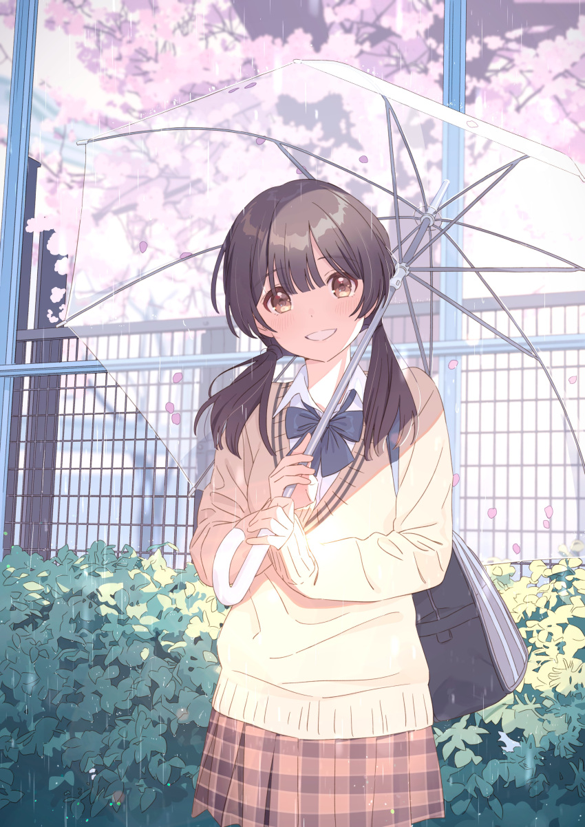 1girl absurdres bag black_hair blue_bow bow brown_eyes brown_skirt brown_sweater cherry_blossoms collared_shirt commentary_request day dress_shirt fence grin hechima_(issindotai) highres holding holding_umbrella long_hair looking_at_viewer low_twintails original outdoors plaid plaid_skirt pleated_skirt school_bag school_uniform shirt skirt smile solo sweater transparent transparent_umbrella twintails umbrella white_shirt