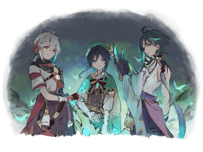 3boys aqua_hair arm_tattoo bangs black_hair bow bow_(weapon) braid bug butterfly cape closed_mouth dsmile facial_mark flower forehead_mark genshin_impact gloves green_hair green_headwear hair_between_eyes hat highres holding holding_bow_(weapon) holding_mask holding_weapon japanese_clothes kaedehara_kazuha looking_at_viewer male_focus mask multicolored_hair multiple_boys ponytail red_eyes red_hair side_braid streaked_hair tattoo venti_(genshin_impact) weapon white_flower white_hair xiao_(genshin_impact) yellow_eyes