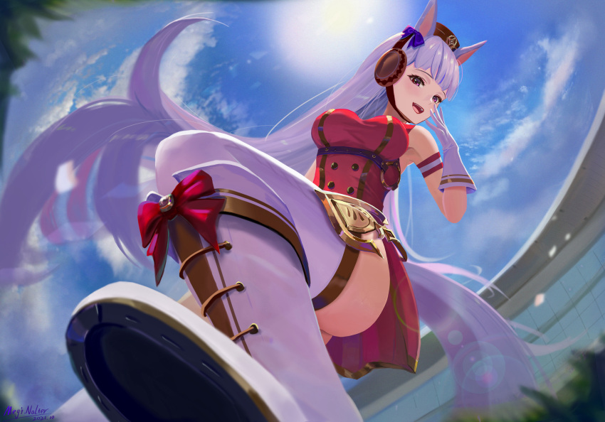 1girl :d absurdres alternate_legwear animal_ears ass bangs blue_sky boots bow brown_headwear cloud cloudy_sky dress gloves gold_ship_(umamusume) hair_bow highres horse_ears horse_girl horse_tail knee_boots long_hair looking_at_viewer meginalter open_mouth outdoors red_dress shoe_soles sky sleeveless sleeveless_dress smile sun tail thighhighs umamusume white_footwear white_gloves white_legwear