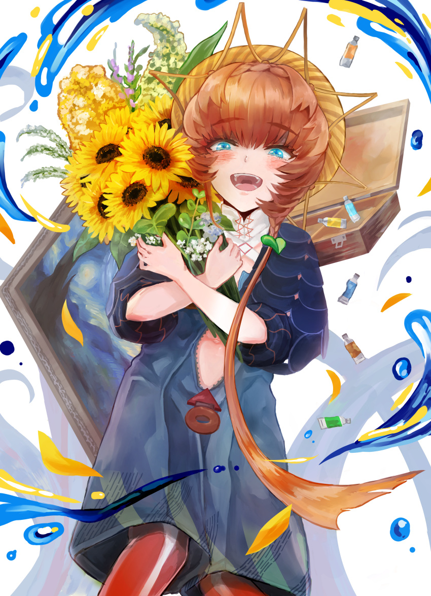 1girl absurdres bangs blue_eyes blue_overalls blush braid breasts center_opening crown_braid fate/grand_order fate_(series) flower hat highres long_hair looking_at_viewer navel open_mouth orange_hair overall_shorts overalls paint_splatter puffy_sleeves shimogamo_(shimomo_12) side_braid small_breasts smile solo straw_hat sunflower van_gogh_(fate) yellow_headwear