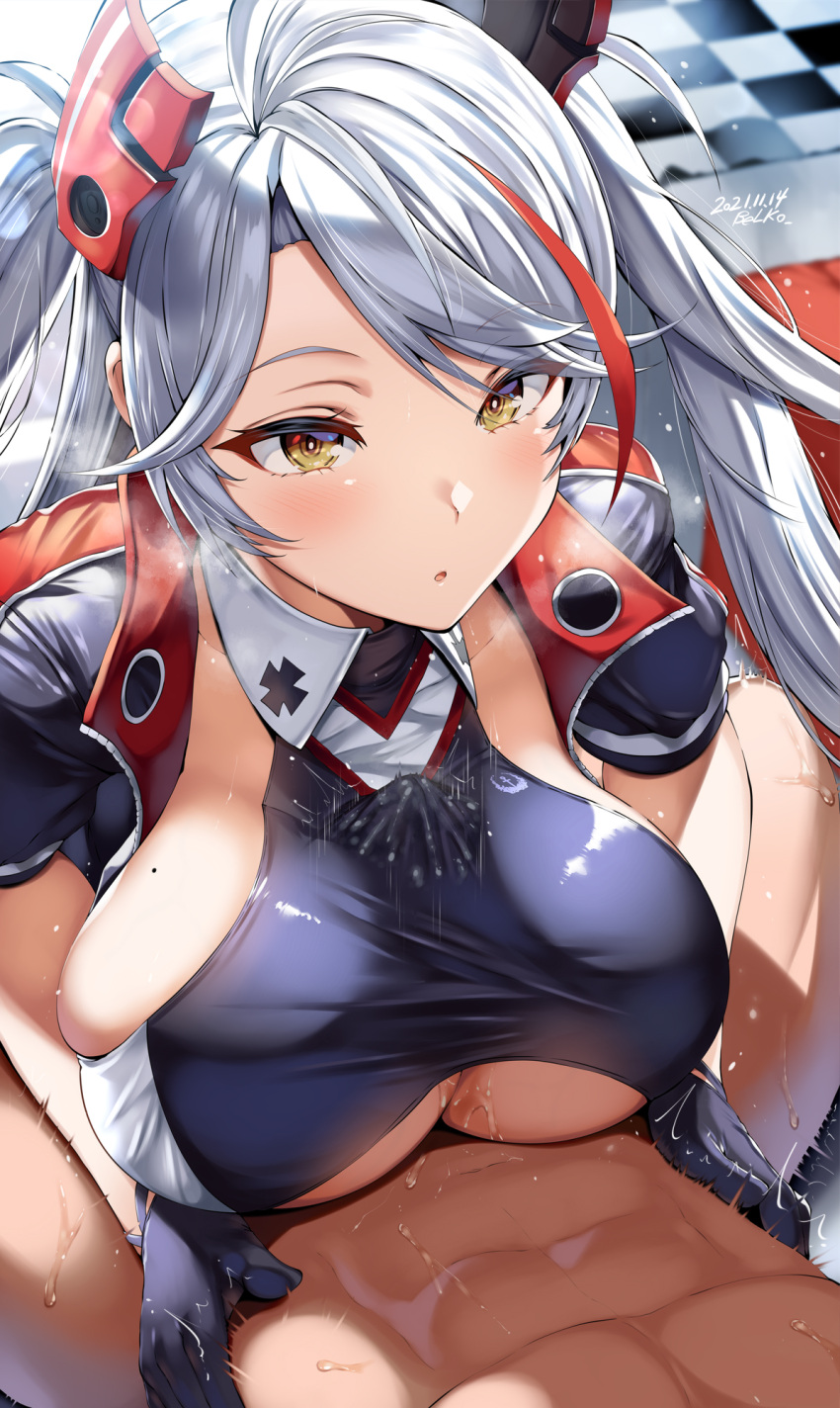 1boy 1girl :o artist_name azur_lane banned_artist belko black_gloves breasts breath bulge cum cum_in_clothes dated ejaculation flying_sweatdrops gloves hair_ornament hetero highres jacket large_breasts long_hair looking_at_another mole mole_on_breast motion_lines multicolored_hair official_alternate_costume open_mouth paizuri paizuri_under_clothes prinz_eugen_(azur_lane) prinz_eugen_(final_lap)_(azur_lane) race_queen red_hair skindentation streaked_hair sweat trembling twintails white_hair yellow_eyes