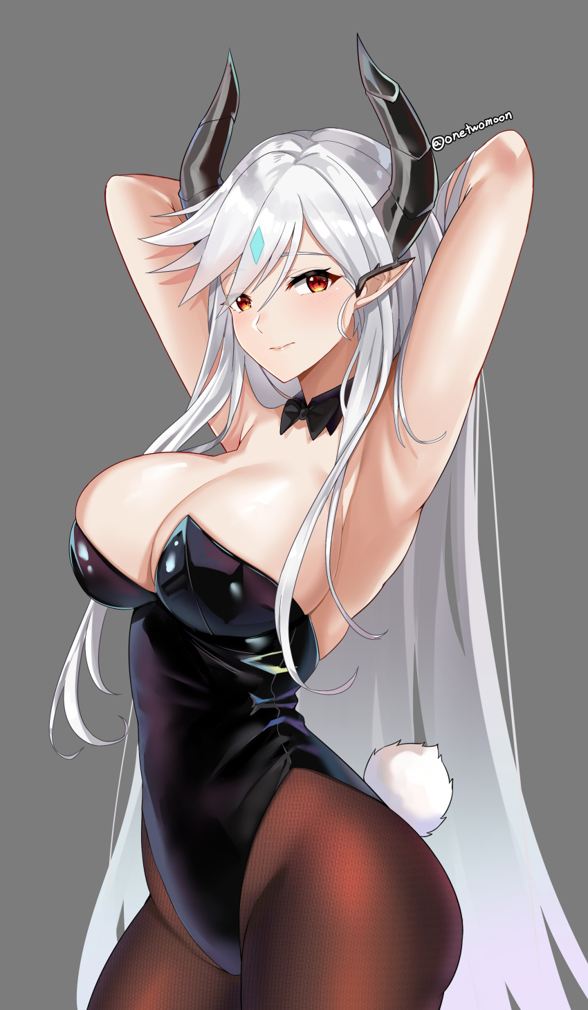 1girl absurdres armpits arms_behind_head arms_up bare_arms bare_shoulders black_leotard bow bowtie breasts brown_legwear cleavage contrapposto cowboy_shot detached_collar epic_seven fake_tail highleg highleg_leotard highres horns large_breasts leotard long_hair looking_at_viewer luna_(epic_seven) pantyhose playboy_bunny_leotard pointy_ears rabbit_tail red_eyes sidelocks smile solo standing strapless strapless_leotard tail twomoon very_long_hair white_hair