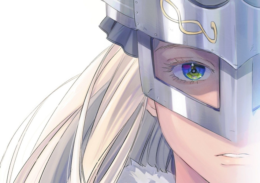 1boy blonde_hair canute fur_trim green_eyes helm helmet ichithor lips looking_at_viewer male_focus solo_focus viking vinland_saga