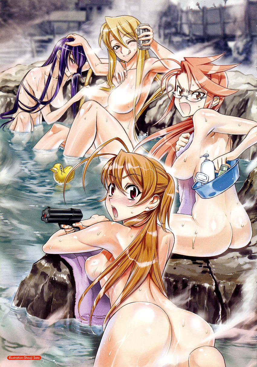 :o :q alcohol angry antenna_hair ass bath beer bent_over blonde_hair blush breast_press breasts brown_eyes brown_hair busujima_saeko can censored convenient_censoring fang from_behind glasses gun hand_on_head highres highschool_of_the_dead large_breasts long_hair looking_back marikawa_shizuka miyamoto_rei multiple_girls nude one_eye_closed onsen open_mouth pink_hair purple_hair rubber_duck satou_shouji scan sideboob sitting steam steam_censor surprised takagi_saya tongue tongue_out towel water weapon wet