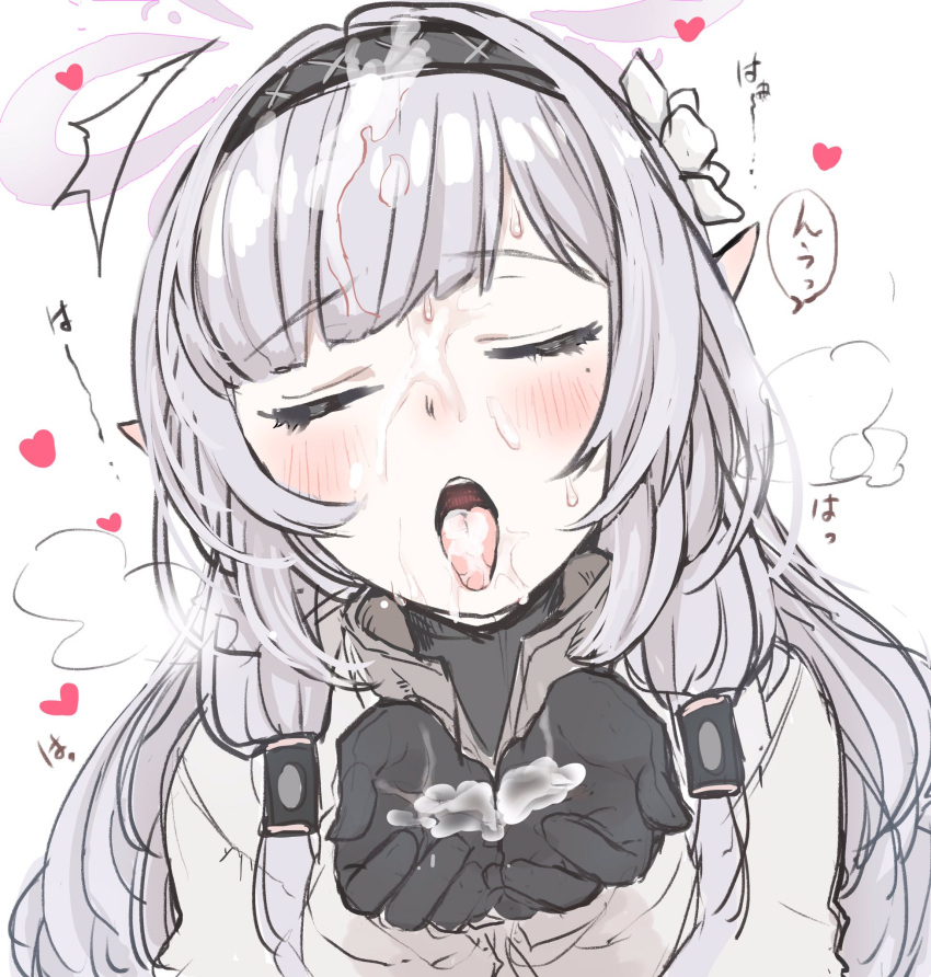 1girl blue_archive blush bukkake closed_eyes commentary cum emirio_(emirio110) gloves halo headband heart highres himari_(blue_archive) portrait reaching_out saliva silver_hair simple_background solo tongue tongue_out white_background