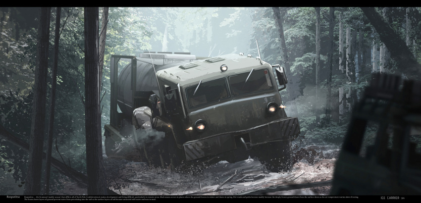 car chinese_commentary commentary_request english_text exhaust forest ground_vehicle haguruma_c highres jeep letterboxed maz-537 motor_vehicle mud nature no_humans original scenery splashing tree truck vehicle_focus water