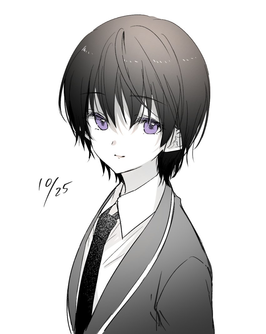 bangs blazer character_request closed_mouth collared_shirt commentary_request dated eyebrows_visible_through_hair gakuen_alice hair_between_eyes highres jacket looking_at_viewer monochrome necktie ouri_(aya_pine) purple_eyes school_uniform shirt simple_background smile upper_body white_background