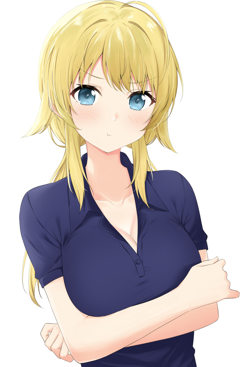 1girl absurdres ahoge blonde_hair blue_eyes blue_shirt blush breast_hold breasts cleavage collarbone collared_shirt contrapposto crossed_arms hachimiya_meguru hair_between_eyes highres idolmaster idolmaster_shiny_colors large_breasts long_hair looking_at_viewer low_twintails polo_shirt pout shirt short_sleeves simple_background solo tennen_inari twintails upper_body wing_collar