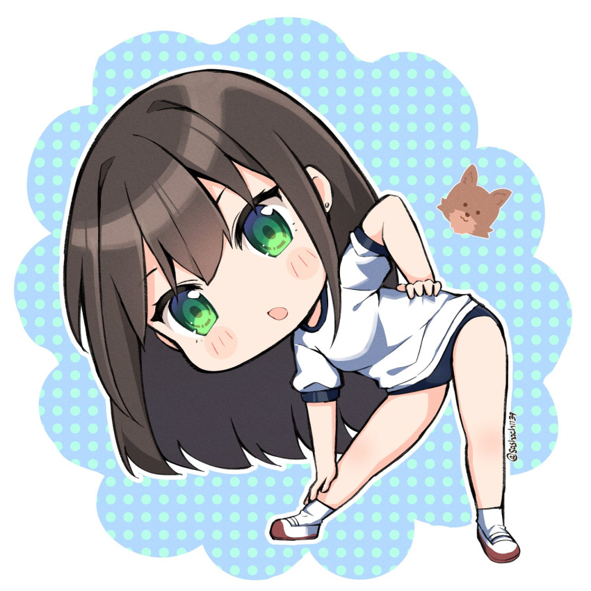 1girl black_hair blush buruma chibi dog earrings green_eyes gym_uniform hanako_(idolmaster) highres idolmaster idolmaster_cinderella_girls jewelry long_hair open_mouth sasha_chii shibuya_rin shoes short_sleeves socks solo stretch twitter_username uwabaki