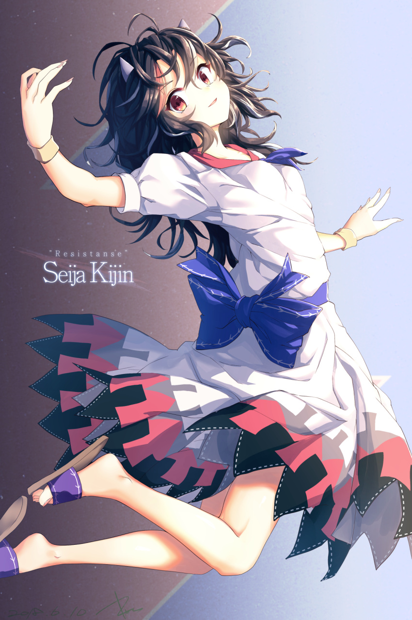 1girl arm_up arrow_print back_bow bangs black_hair blue_bow blush bow breasts character_name commentary_request dress dress_bow fingernails floating floating_hair full_body gold_bracelet gradient gradient_background highres horns kijin_seija kisamu_(ksmz) kneepits light_smile looking_at_viewer medium_hair messy_hair multicolored_hair puffy_short_sleeves puffy_sleeves red_eyes red_hair red_neckwear red_ribbon ribbon short_sleeves small_breasts solo streaked_hair thighs toenails touhou white_dress white_hair