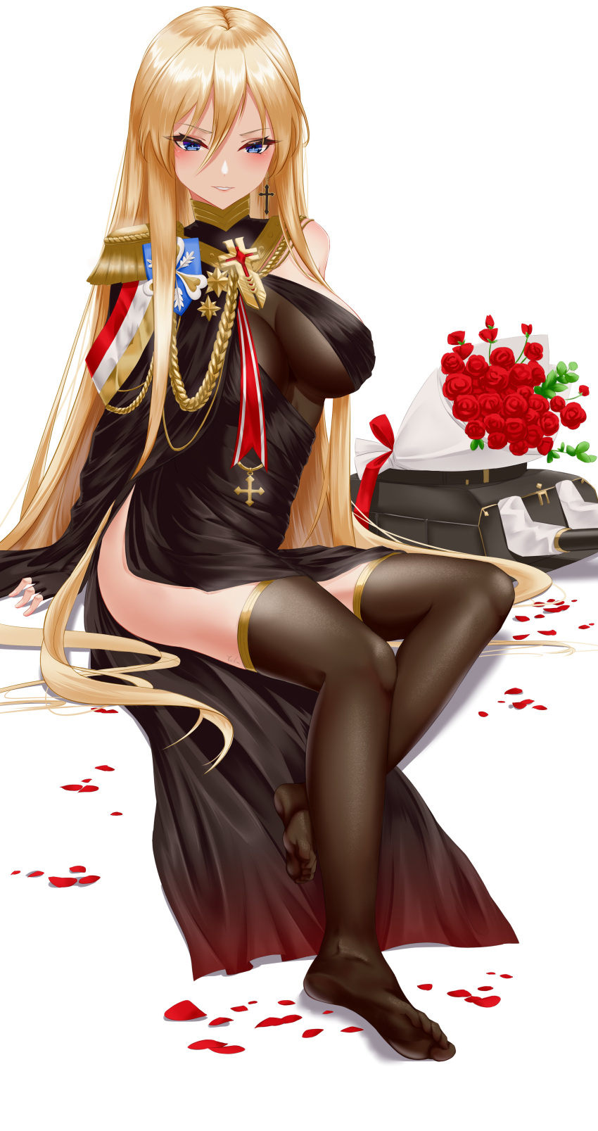 1girl absurdres azur_lane bag_removed bangs bismarck_(azur_lane) bismarck_(beacon_of_the_iron_blood)_(azur_lane) black_dress black_gloves black_legwear blonde_hair blue_eyes blush bouquet breasts cleavage cross cross_earrings dress earrings elbow_gloves eyebrows_visible_through_hair feet flower gloves hair_between_eyes highres ichikushi_mojibake jewelry large_breasts legs long_hair looking_at_viewer medal military military_uniform no_shoes official_alternate_costume petals rose side_slit sitting smile soles solo thighhighs toes uniform white_background