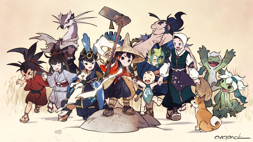 4boys 4girls animal ashigumo black_eyes black_hair cat commentary_request dog everyone full_body geta grey_kimono hair_rings hat headpiece highres hoe holding holding_animal holding_cat holding_hands japanese_clothes kaimaru kappa kimono kinta_(tensui_no_sakuna-hime) kokorowa-hime komainu long_hair looking_at_another multiple_boys multiple_girls murayama_ryouta myrthe open_mouth red_kimono rice_(plant) rice_hat sakuna-hime sandals smile tama-jii tauemon tensui_no_sakuna-hime traditional_dress waraji yui_(tensui_no_sakuna-hime)