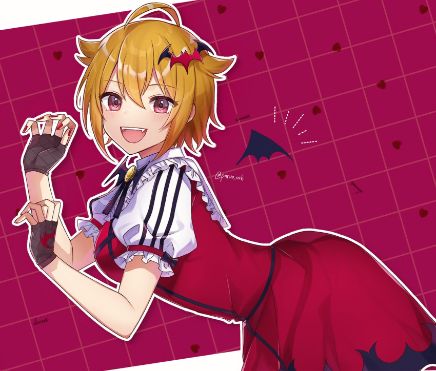 1girl :d ahoge bat_hair_ornament bat_wings blonde_hair checkered checkered_background dress eyebrows_visible_through_hair fangs fingerless_gloves gloves hair_ornament highres ibuki_tsubasa idol idolmaster idolmaster_million_live! idolmaster_million_live!_theater_days looking_at_viewer looking_to_the_side my_dear_vampire_(idolmaster) nail_polish paruo_orh paw_pose puffy_short_sleeves puffy_sleeves red_dress red_eyes short_hair short_sleeves smile solo wing_print wings