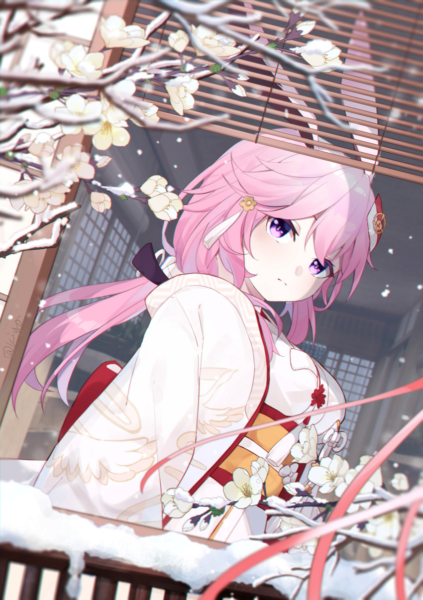 1girl absurdres animal_ears bangs branch closed_mouth dress dutch_angle flower fox_ears from_outside hair_between_eyes hair_ornament highres honkai_(series) honkai_impact_3rd japanese_clothes kimono looking_at_viewer pink_hair purple_eyes qingxiao_kiyokiyo snow snowing solo upper_body wedding_dress white_flower white_kimono window yae_sakura yae_sakura_(gyakushinn_miko)