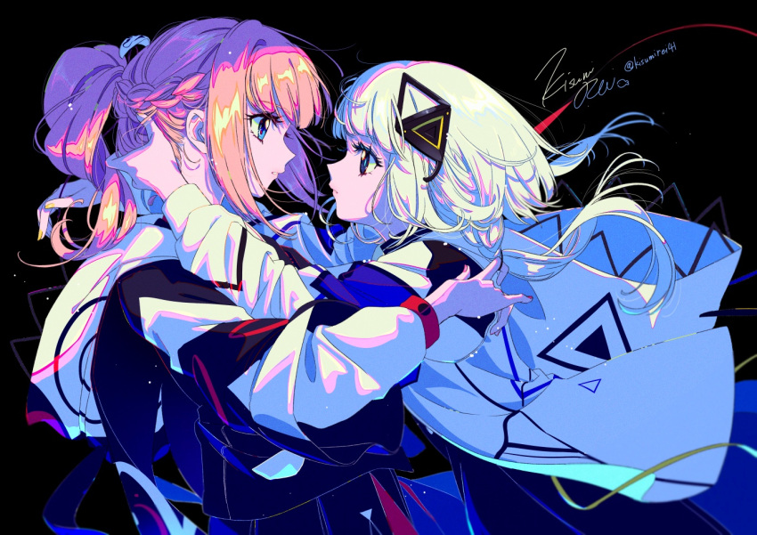 2girls bangs black_background blue_eyes blunt_bangs braid cevio coat dress expressionless eye_contact eyelashes face-to-face french_braid hand_in_another's_hair headpiece hood hood_down hooded_jacket jacket kaf_(kamitsubaki_studio) kafu_(cevio) kamitsubaki_studio kisumi_rei long_hair looking_at_another miko_embrace multicolored_eyes multiple_girls nail_polish open_clothes open_jacket parted_lips pink_hair ponytail profile red_nails ringed_eyes sidelocks signature twintails twitter_username upper_body virtual_youtuber white_coat white_hair yellow_nails