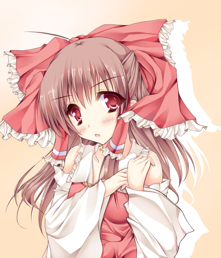 1girl ascot bangs bare_shoulders blush bow brown_hair collar collared_dress detached_sleeves dress eyebrows_visible_through_hair eyes_visible_through_hair frills hair_between_eyes hair_ornament hair_tubes hakurei_reimu hands_up highres large_bow long_sleeves looking_at_viewer medium_hair open_mouth orange_(moekibarasensei) red_bow red_dress red_eyes shadow simple_background solo touhou wide_sleeves yellow_ascot yellow_background