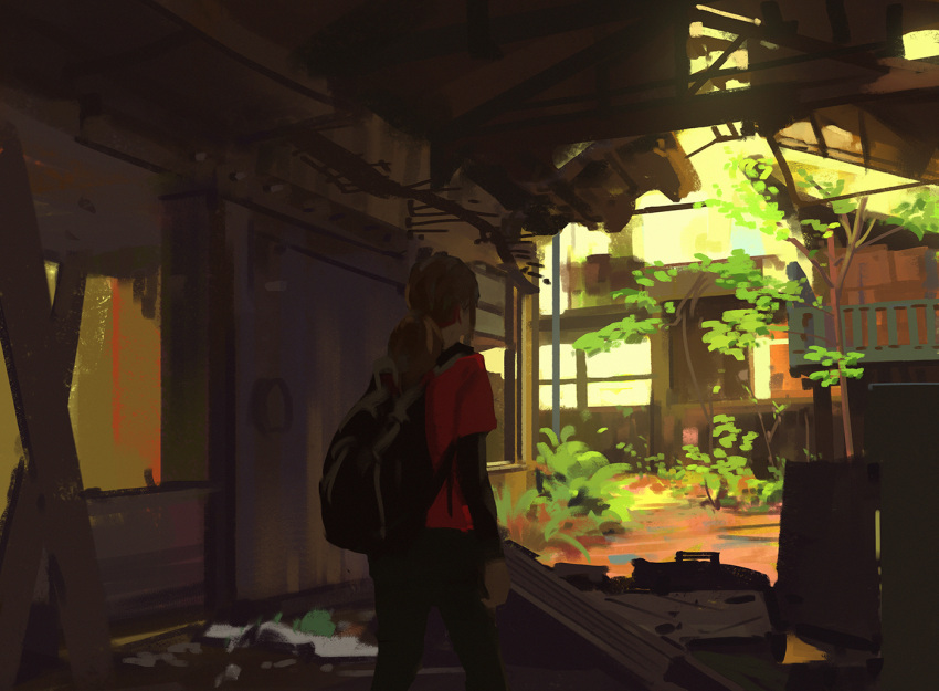 1girl backpack bag brown_hair ellie_(the_last_of_us) low_ponytail overgrown plant ponytail red_shirt ruins scenery shirt sketch snatti t-shirt the_last_of_us urban