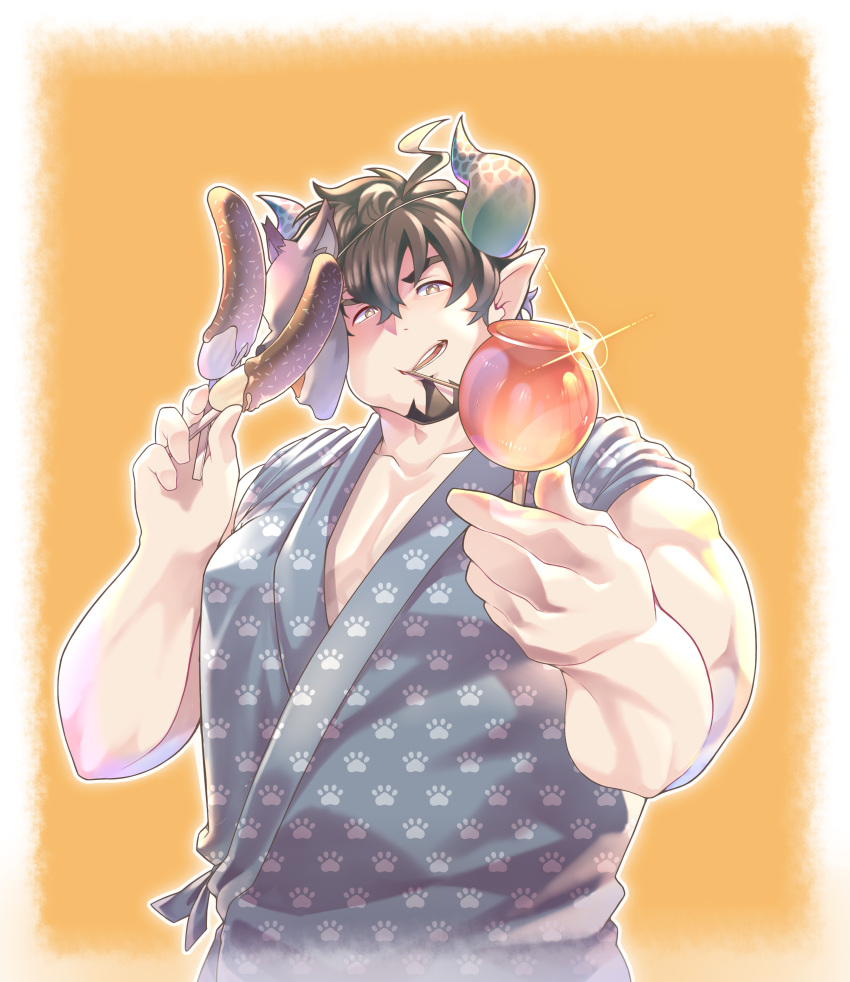 1boy absurdres alternate_costume banana bara barawa bare_shoulders blue_kimono blush brown_eyes brown_hair candy_apple draph facial_hair festival food fruit goatee granblue_fantasy highres horns incoming_food japanese_clothes kimono looking_at_viewer male_focus mature_male muscular muscular_male orange_background osu(statatatatatata) paw_print pectoral_cleavage pectorals pointy_ears print_kimono short_hair simple_background sleeves_rolled_up smile solo sparkle upper_body