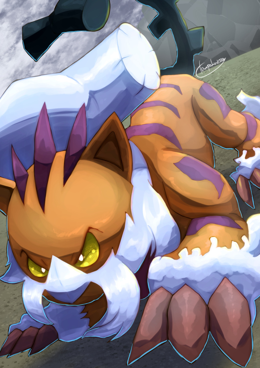 claws commentary_request crawling day highres landorus landorus_(therian) no_humans outdoors pokemon pokemon_(creature) signature solo tanpakuroom white_fur yellow_eyes