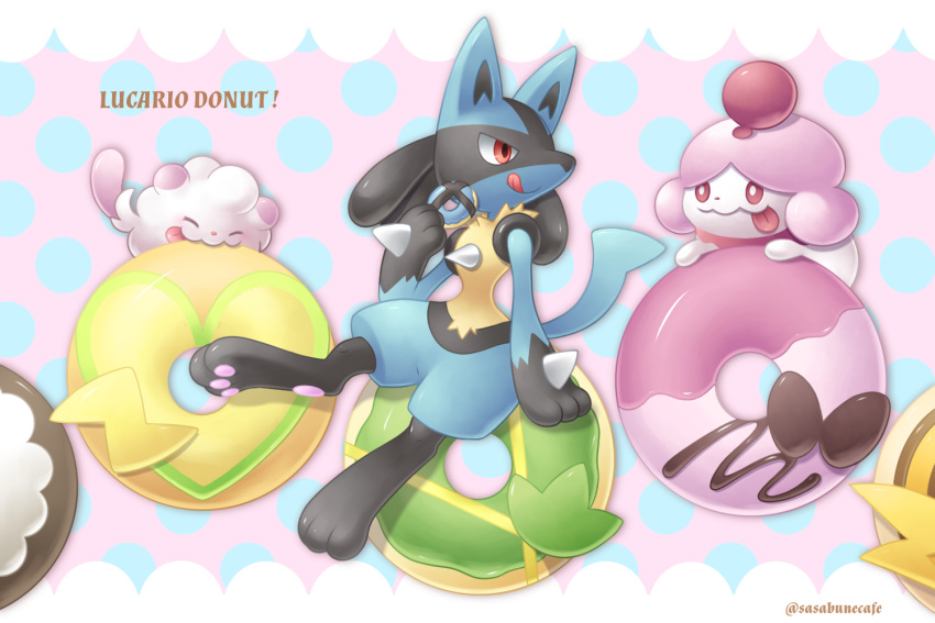 :q arm_support character_name closed_mouth commentary_request doughnut eating food holding lucario pokemon pokemon_(creature) red_eyes sasabunecafe sitting slurpuff smile swirlix themed_object tongue tongue_out twitter_username