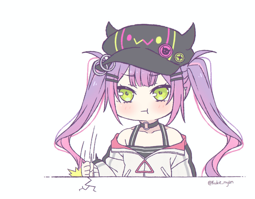 1girl :t black_choker black_headwear blush choker commentary crack desk_slam english_commentary green_eyes grey_jacket hat hololive horned_hat jacket kukie-nyan looking_at_viewer o-ring o-ring_choker purple_hair simple_background solo tokoyami_towa twintails upper_body virtual_youtuber white_background