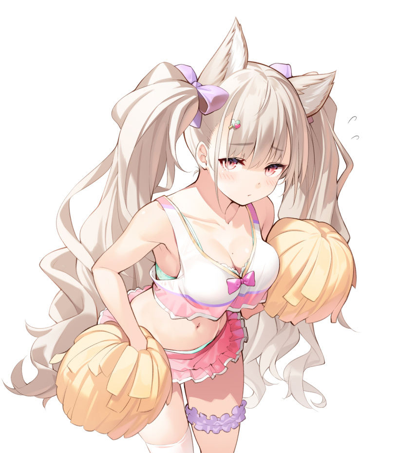 1girl animal_ears bangs bare_shoulders blush bow bra bra_peek breasts cat_ears cheerleader cleavage cowboy_shot crop_top crop_top_overhang downblouse extra_ears eyebrows_visible_through_hair flying_sweatdrops hair_bow hair_ornament hairclip heart heart_hair_ornament highres holding holding_pom_poms leg_garter long_hair looking_at_viewer midriff miniskirt mole mole_on_breast navel nekomu original pink_bow pink_skirt pleated_skirt pom_pom_(cheerleading) purple_bow red_eyes shirt silver_hair simple_background single_thighhigh skindentation skirt sleeveless sleeveless_shirt solo thighhighs twintails underwear very_long_hair white_background white_legwear