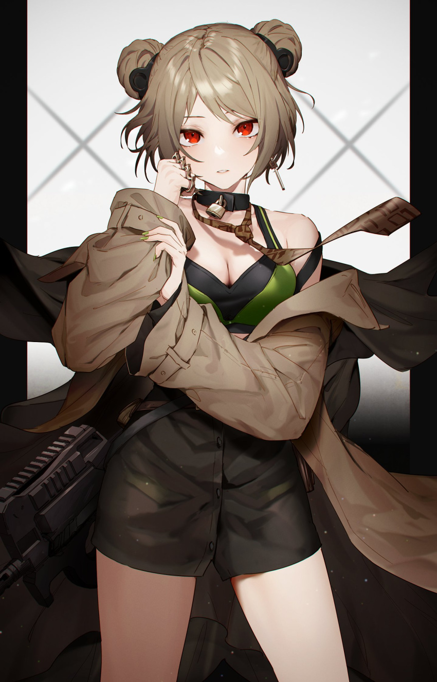 1girl bangs brass_knuckles breasts bullpup choker cleavage coat commission cowboy_shot double_bun earrings expressionless girls'_frontline green_nails gun highres jewelry light_brown_hair medium_breasts necktie off_shoulder p90 p90_(girls'_frontline) parted_lips red_eyes short_hair skeb_commission solo submachine_gun wakahiko weapon