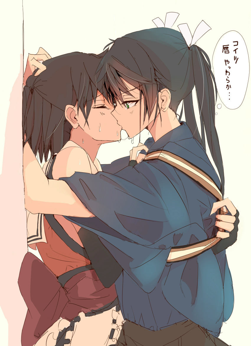 2girls absurdres against_wall black_hair brown_hair closed_eyes commentary_request eyebrows_visible_through_hair food green_eyes hair_ribbon hair_strand highres holding_another's_head hug japanese_clothes kantai_collection kimono kiss long_hair medium_hair multiple_girls pocky pocky_kiss remodel_(kantai_collection) ribbon saliva saliva_trail sendai_(kancolle) simple_background t.k.o thought_bubble translation_request twintails white_ribbon yuri zuikaku_(kancolle)