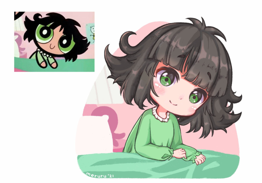 1girl animification artist_name bangs black_hair buttercup_(ppg) buttercup_redraw_challenge derivative_work eyebrows_visible_through_hair green_eyes green_shirt highres looking_at_viewer matsuro_meru_(artist) messy_hair pajamas pillow powerpuff_girls reference_inset screencap_redraw shirt smile solo_focus waking_up