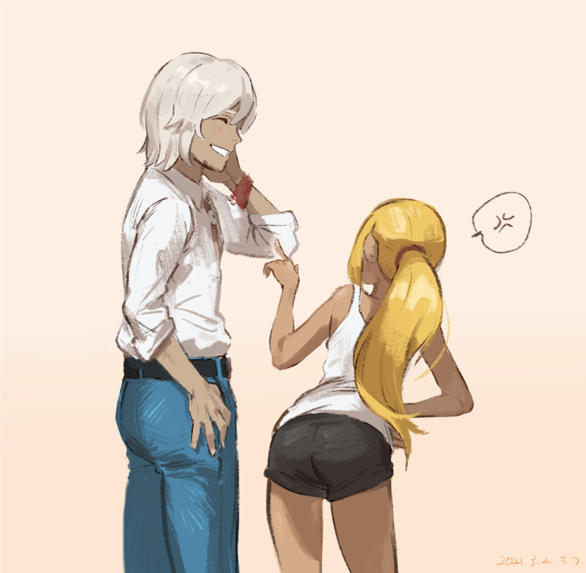 1boy 1girl ass belt blonde_hair dark-skinned_female dark_skin denim domodesu facial_hair gravity_daze highres jeans kitten_(gravity_daze) long_hair pants shorts simple_background smile stubble syd_(gravity_daze) tank_top white_hair