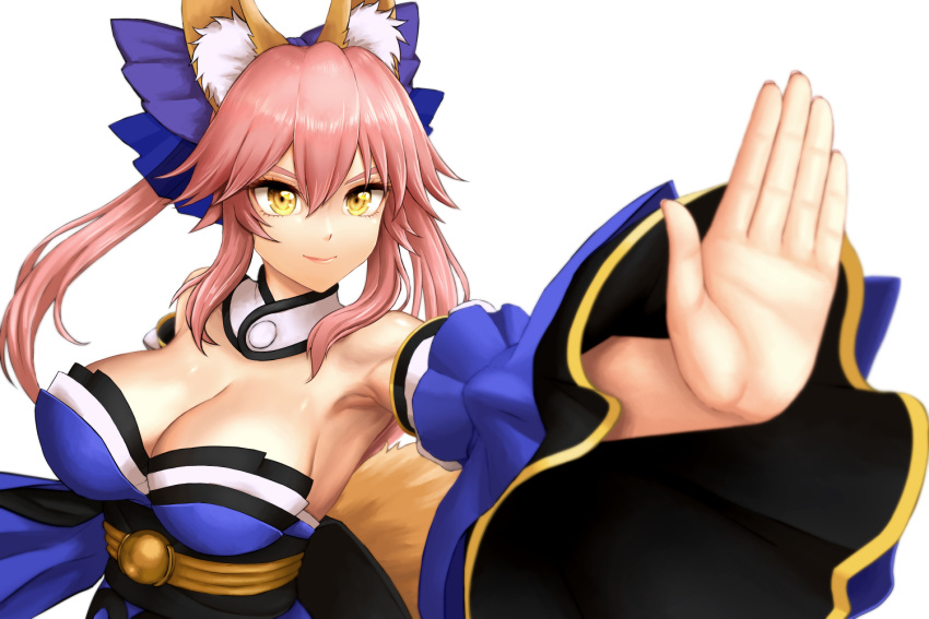 1girl animal_ear_fluff animal_ears bangs bare_shoulders blue_bow blue_kimono bow breasts cleavage detached_sleeves fate/extra fate_(series) fox_ears fox_girl fox_tail hair_between_eyes hair_bow japanese_clothes kimono large_breasts long_hair looking_at_viewer obi pink_hair sash sidelocks sphere-stc tail tamamo_(fate) tamamo_no_mae_(fate/extra) wide_sleeves yellow_eyes