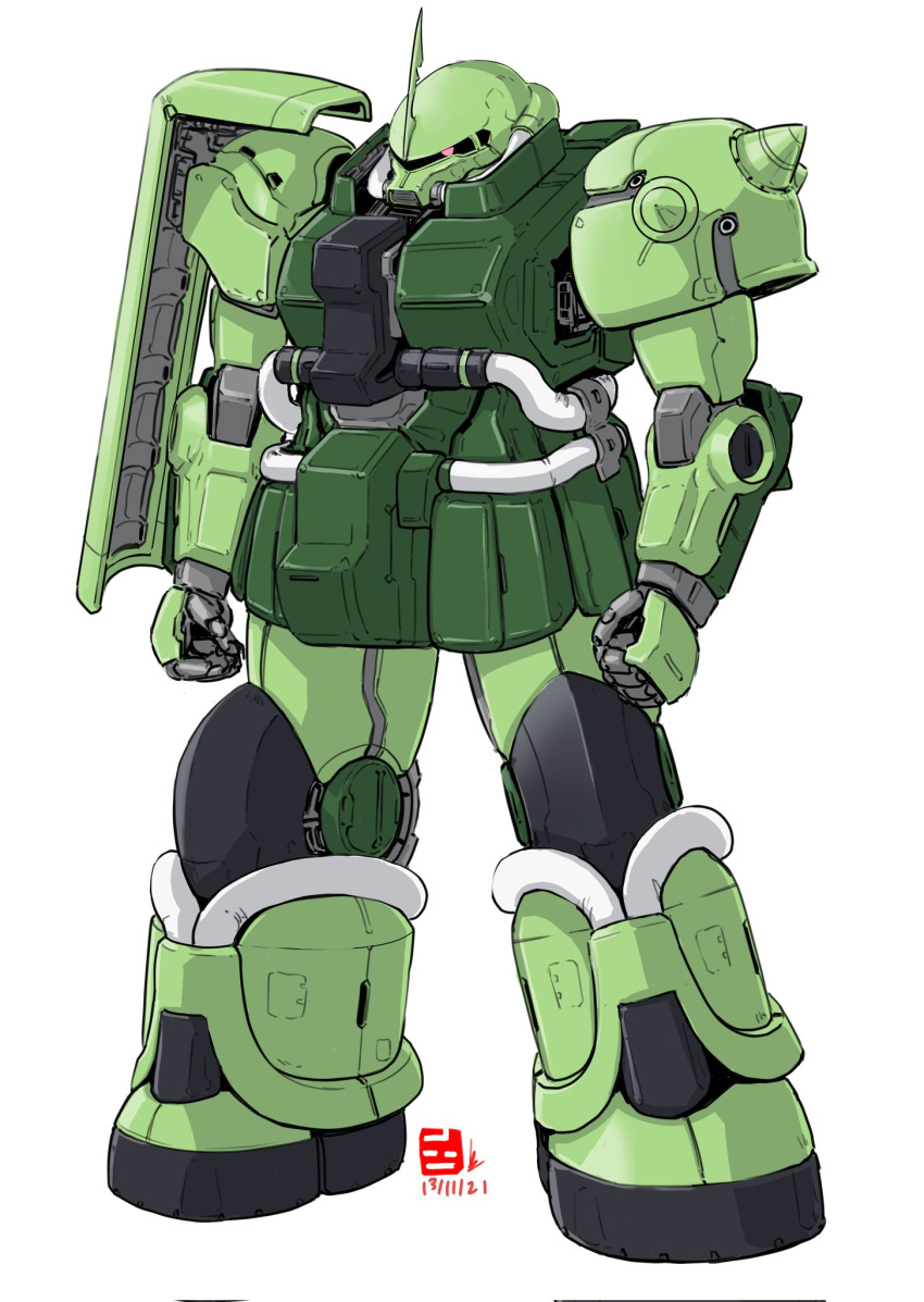 clenched_hands dated gundam highres looking_to_the_side mecha mobile_suit mobile_suit_gundam no_humans one-eyed pink_eyes pravin_rao_santheran redesign shoulder_spikes solo spikes standing zaku_ii zeon