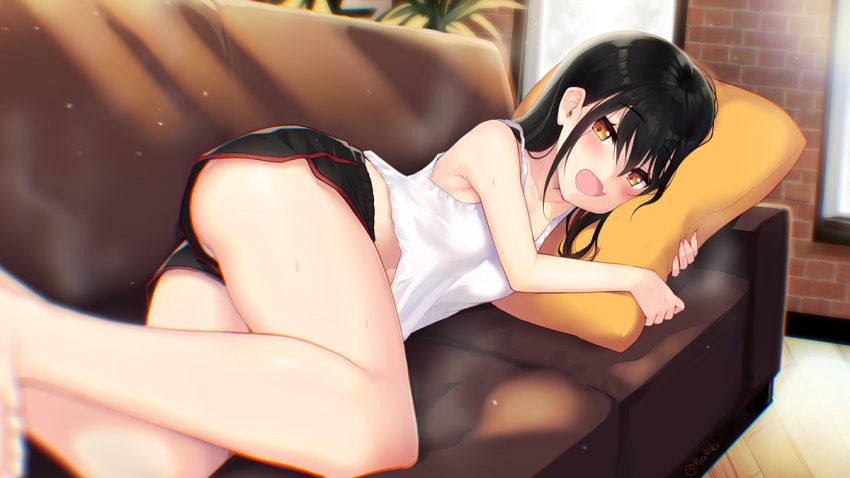 1girl bangs black_hair blush couch fang feet hair_between_eyes indoors long_hair lying minamura_haruki navel object_hug on_side open_mouth original panties panty_peek pillow pillow_hug shirt short_shorts shorts skin_fang solo underwear vest white_shirt yellow_eyes