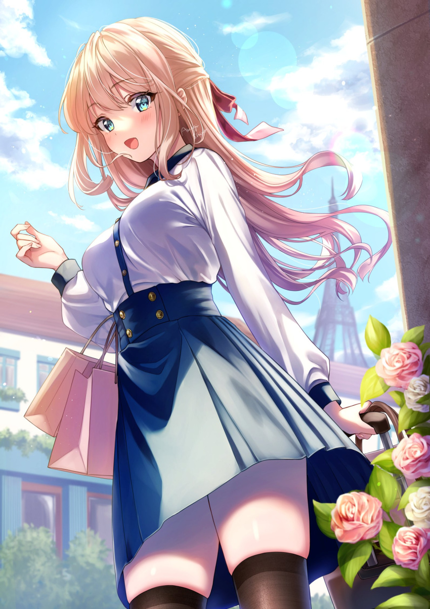 1girl :d amagi_shino artist_name bag blonde_hair blue_eyes blush carrying_bag commentary_request dress eiffel_tower eyelashes flower hair_ornament hair_ribbon happy highres long_hair long_sleeves looking_at_viewer open_mouth original paris ribbon signature smile solo standing thighhighs thighs