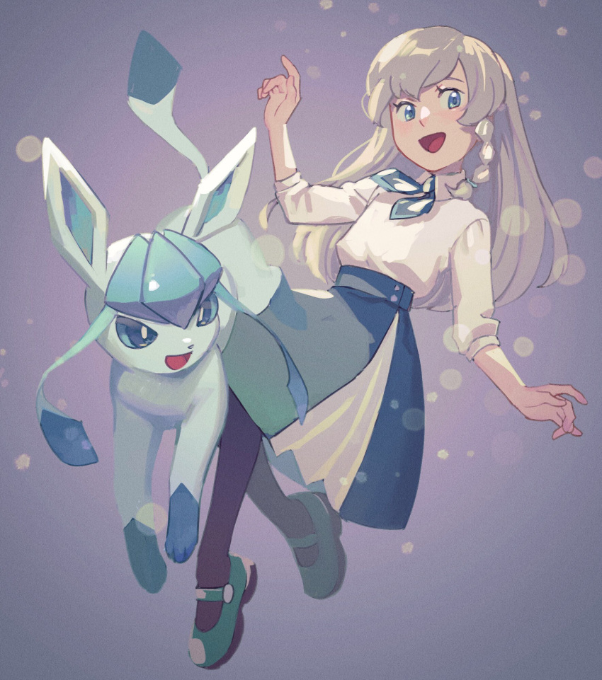 1girl :d ascot bangs blonde_hair blue_eyes blush collared_shirt commentary_request eyelashes glaceon green_ascot green_footwear green_skirt highres ogege_(ogege_kyit) open_mouth pantyhose pokemon pokemon_(anime) pokemon_(creature) pokemon_swsh_(anime) regina_(pokemon) shirt shoes skirt sleeves_past_elbows smile tongue white_shirt