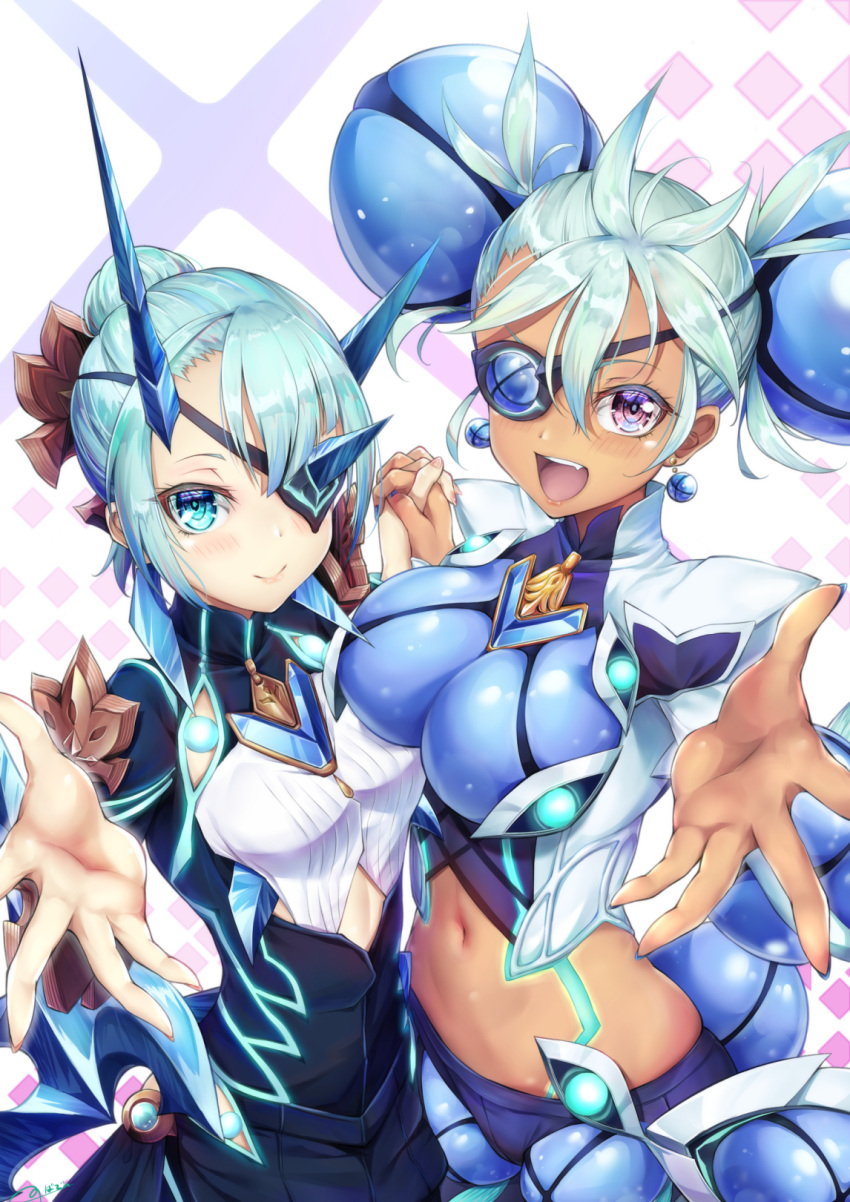 2girls blue_eyes breasts chest_jewel eyepatch highres holding_hands ice_horns large_breasts multiple_girls navel novady open_mouth praxis_(xenoblade) purple_eyes short_hair small_breasts smile tan theory_(xenoblade) xenoblade_chronicles_(series) xenoblade_chronicles_2