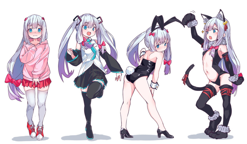 1girl animal_ears aqua_eyes aqua_necktie ass black_legwear black_leotard blush boots bow cat_ears cat_tail center_opening closed_mouth cosplay detached_sleeves elbow_gloves eromanga_sensei fake_animal_ears fake_tail fang fate/kaleid_liner_prisma_illya fate_(series) gloves hair_bow hatsune_miku hatsune_miku_(cosplay) headphones headset high_heels highres hood hoodie illyasviel_von_einzbern izumi_sagiri kittysuit leotard long_hair long_sleeves looking_at_viewer miniskirt multiple_views navel necktie open_mouth pink_bow playboy_bunny pleated_skirt print_hoodie rabbit_ears rabbit_tail re:ankh_(mrsz4523) red_skirt silver_hair simple_background skin_fang skirt sleeveless sparkle standing strapless strapless_leotard tail thigh_boots thighhighs twintails variations very_long_hair vocaloid white_background wrist_cuffs